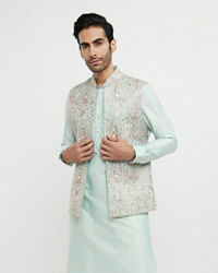 Twamev Men Aqua Green Elegance in Kurta Jacket Set