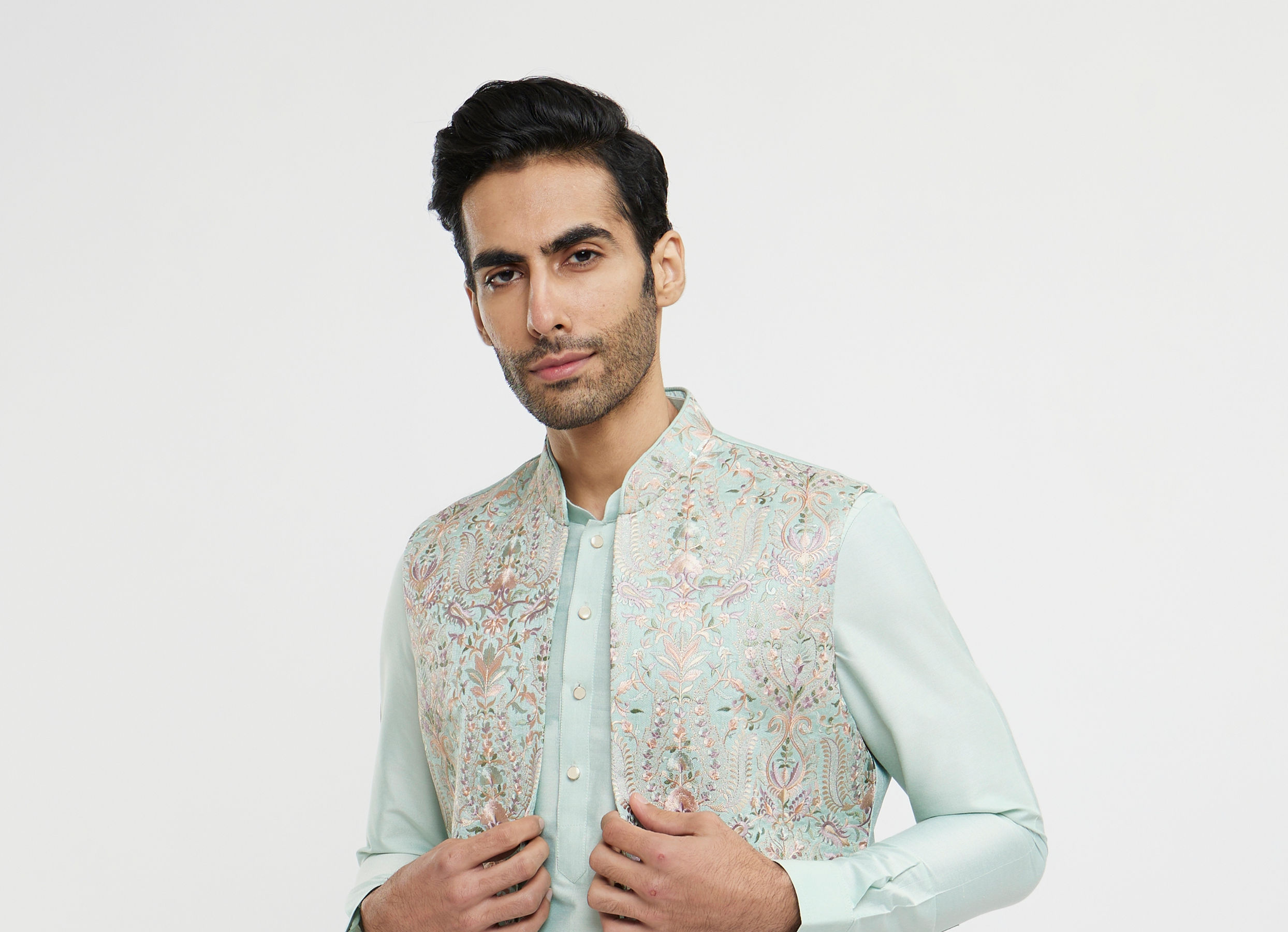 Twamev Men Aqua Green Elegance in Kurta Jacket Set