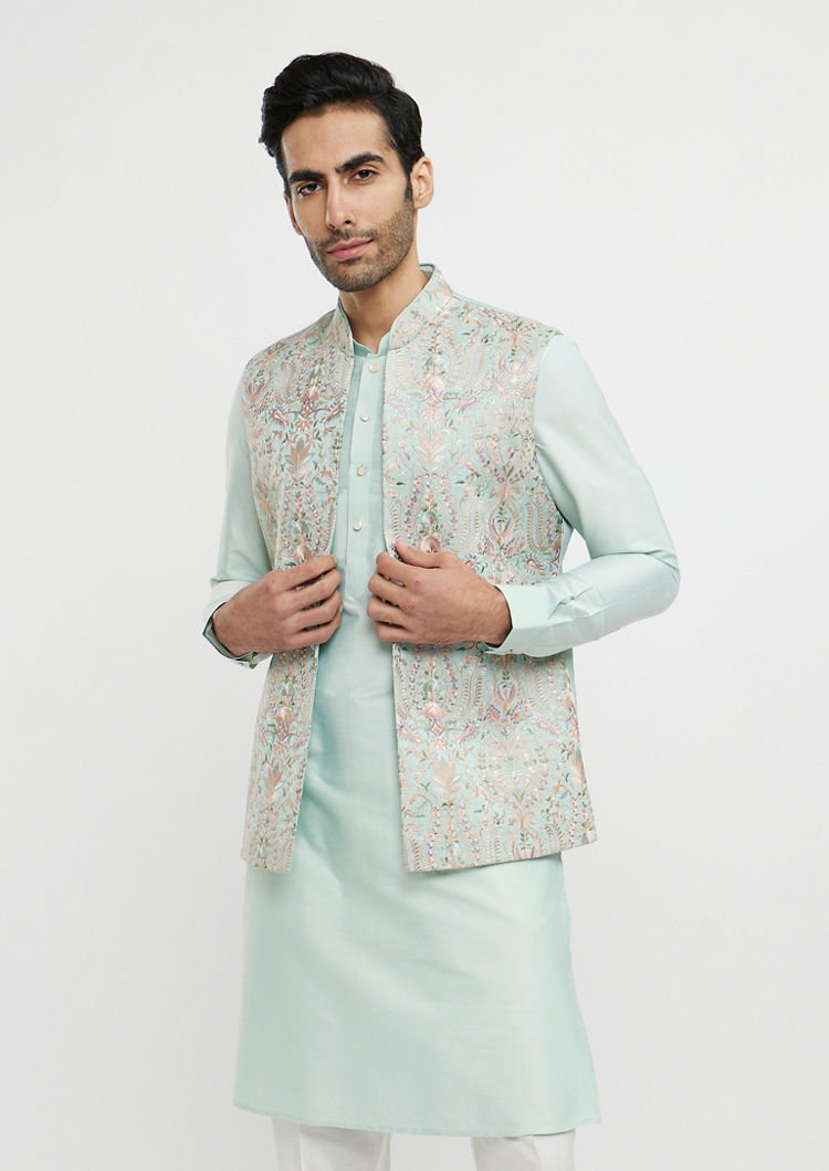 alt message - Twamev Men Aqua Green Elegance in Kurta Jacket Set image number 0