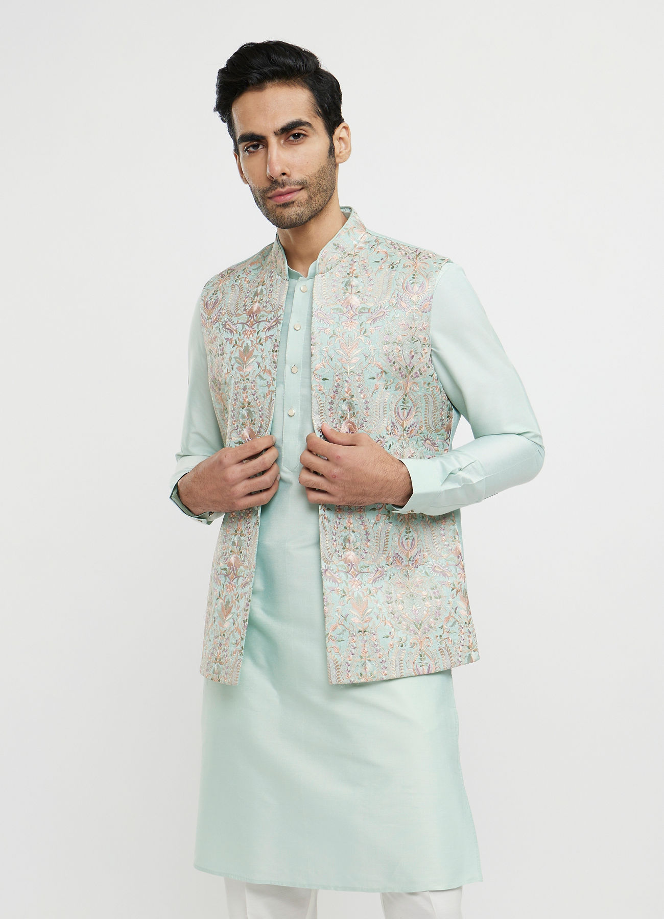 Twamev Men Aqua Green Elegance in Kurta Jacket Set