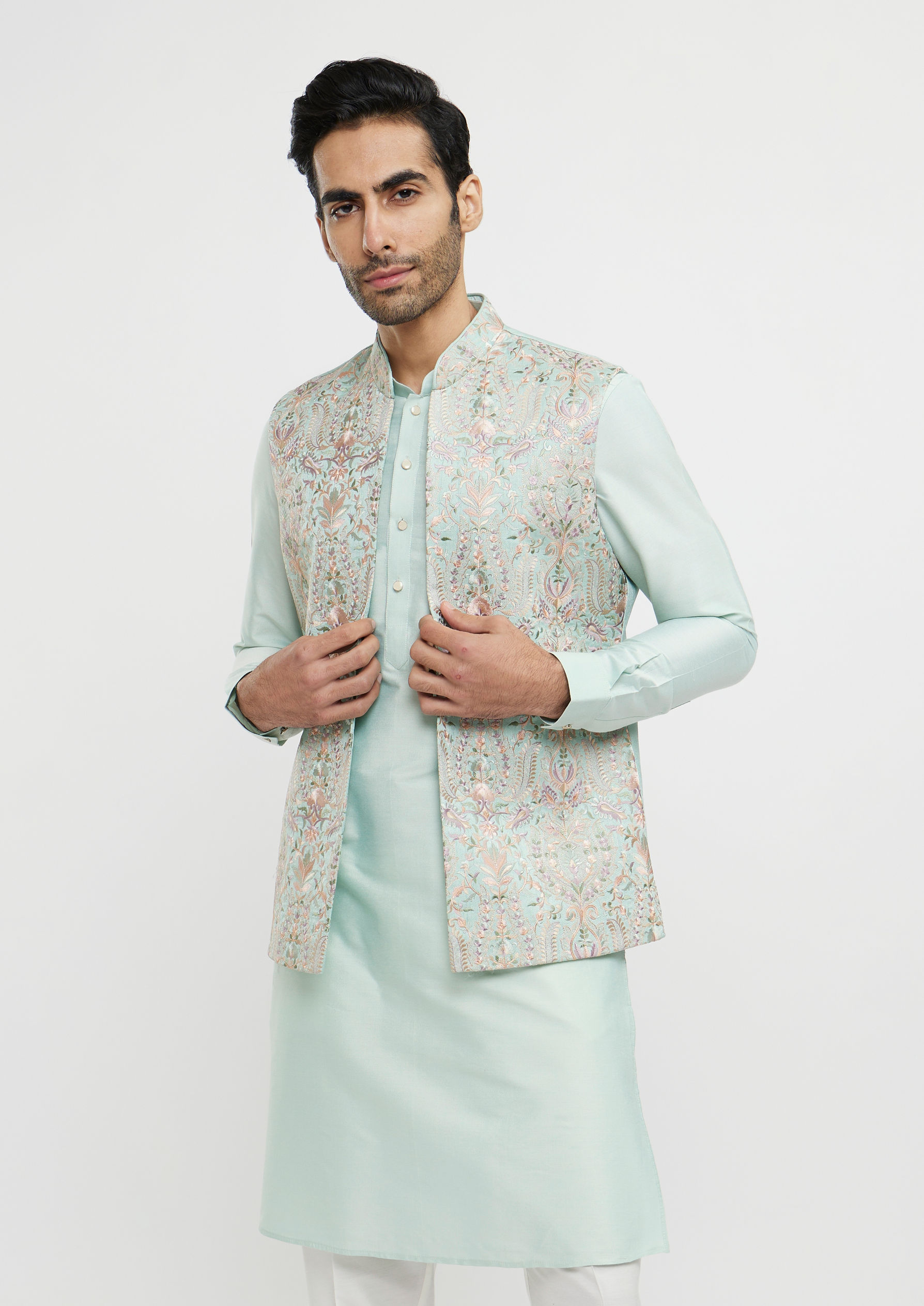 Twamev Men Aqua Green Elegance in Kurta Jacket Set