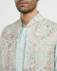 Twamev Men Aqua Green Elegance in Kurta Jacket Set