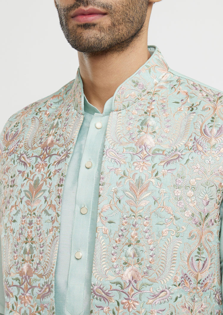 Twamev Men Aqua Green Elegance in Kurta Jacket Set