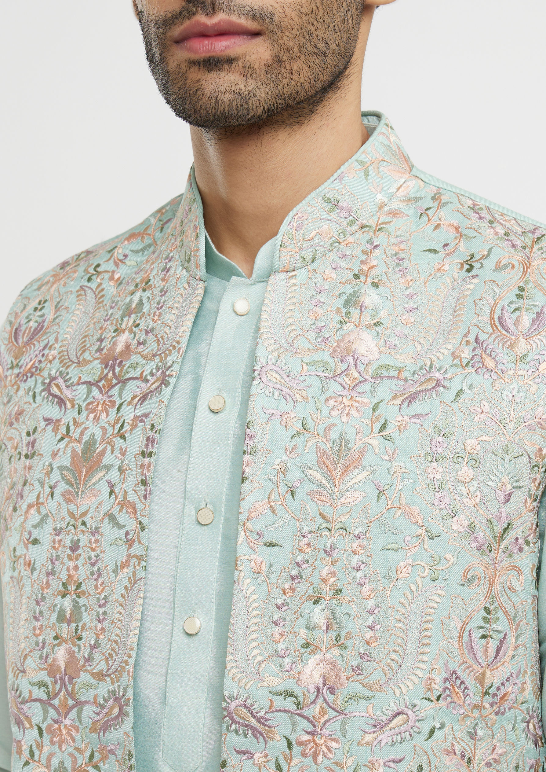 Twamev Men Aqua Green Elegance in Kurta Jacket Set