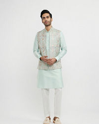 Twamev Men Aqua Green Elegance in Kurta Jacket Set
