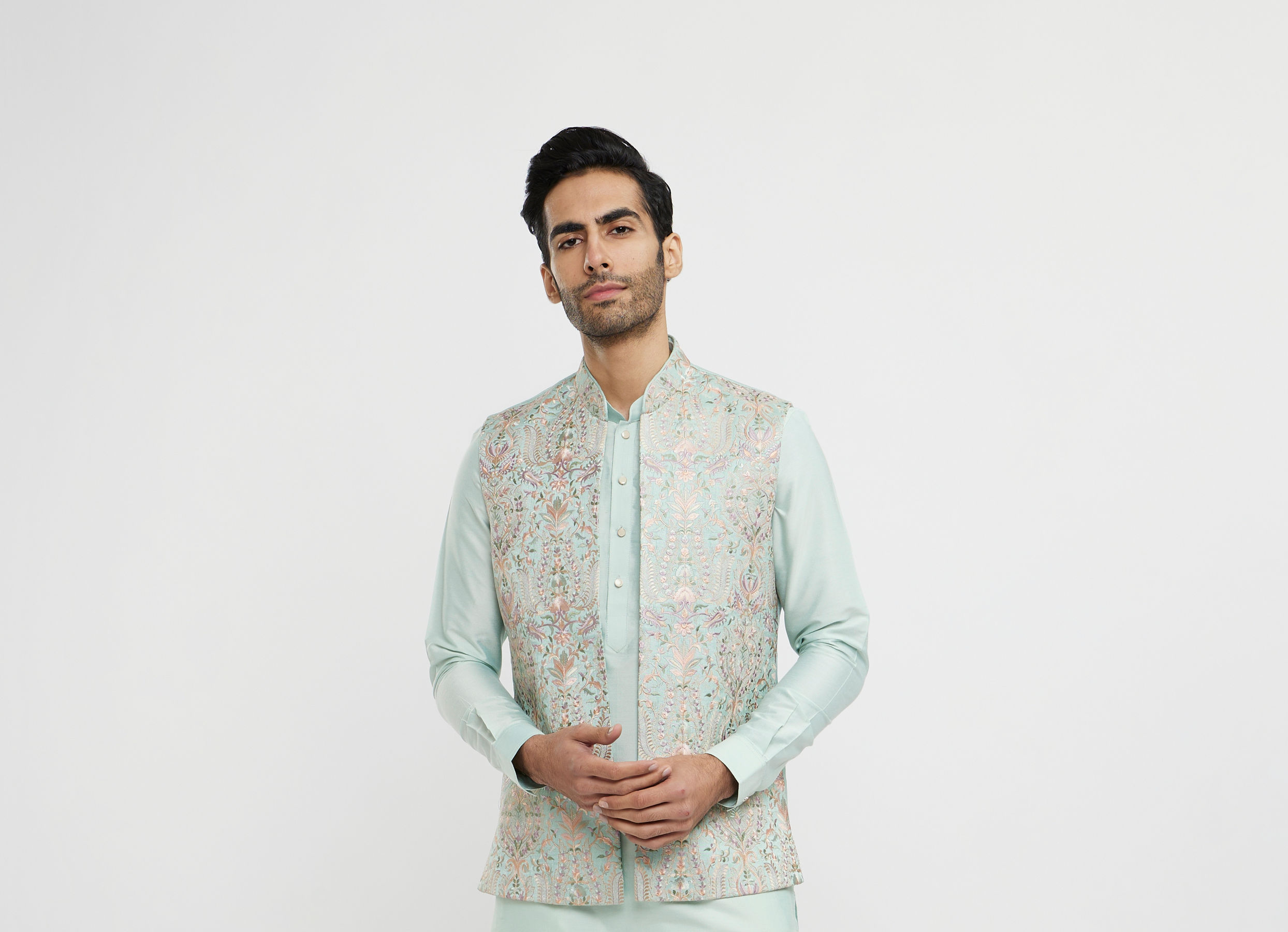 Twamev Men Aqua Green Elegance in Kurta Jacket Set