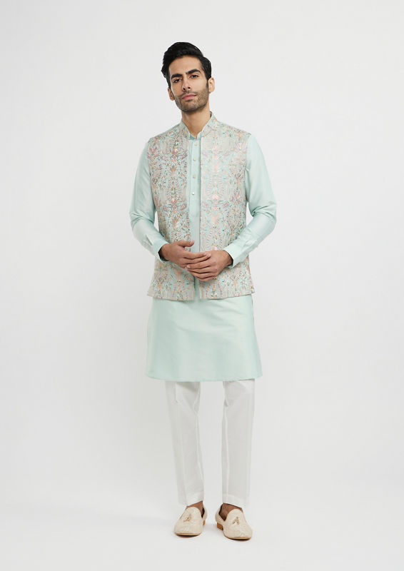 alt message - Twamev Men Aqua Green Elegance in Kurta Jacket Set image number 3