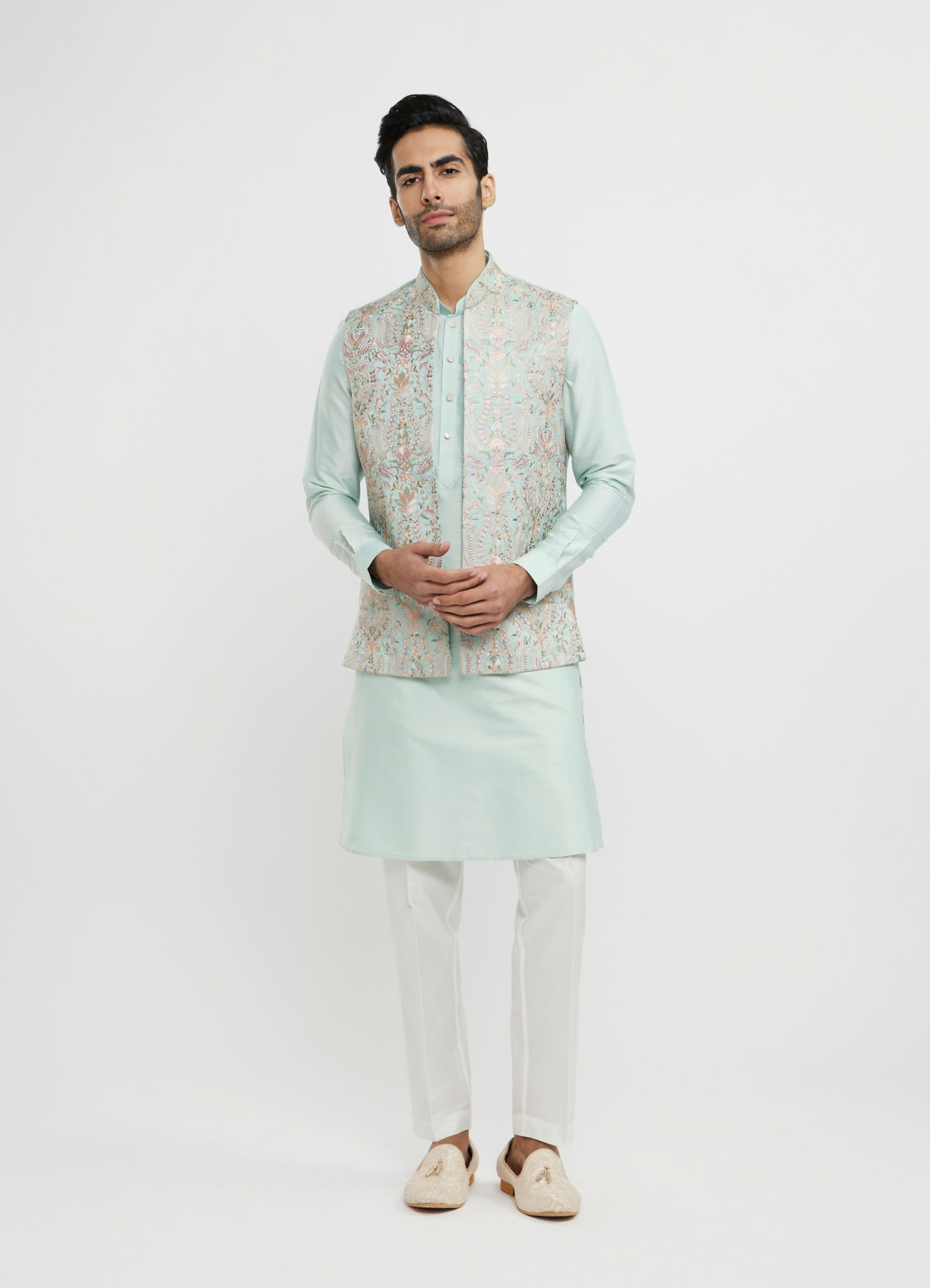 Twamev Men Aqua Green Elegance in Kurta Jacket Set