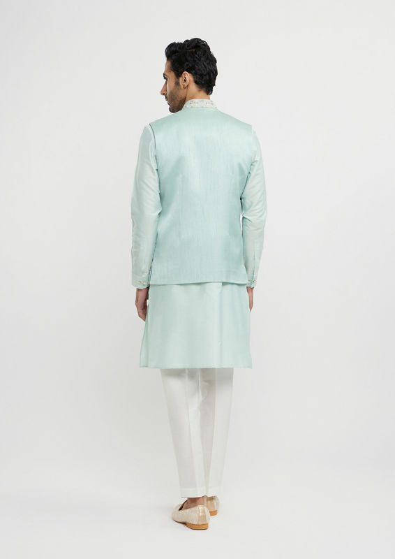 alt message - Twamev Men Aqua Green Elegance in Kurta Jacket Set image number 4