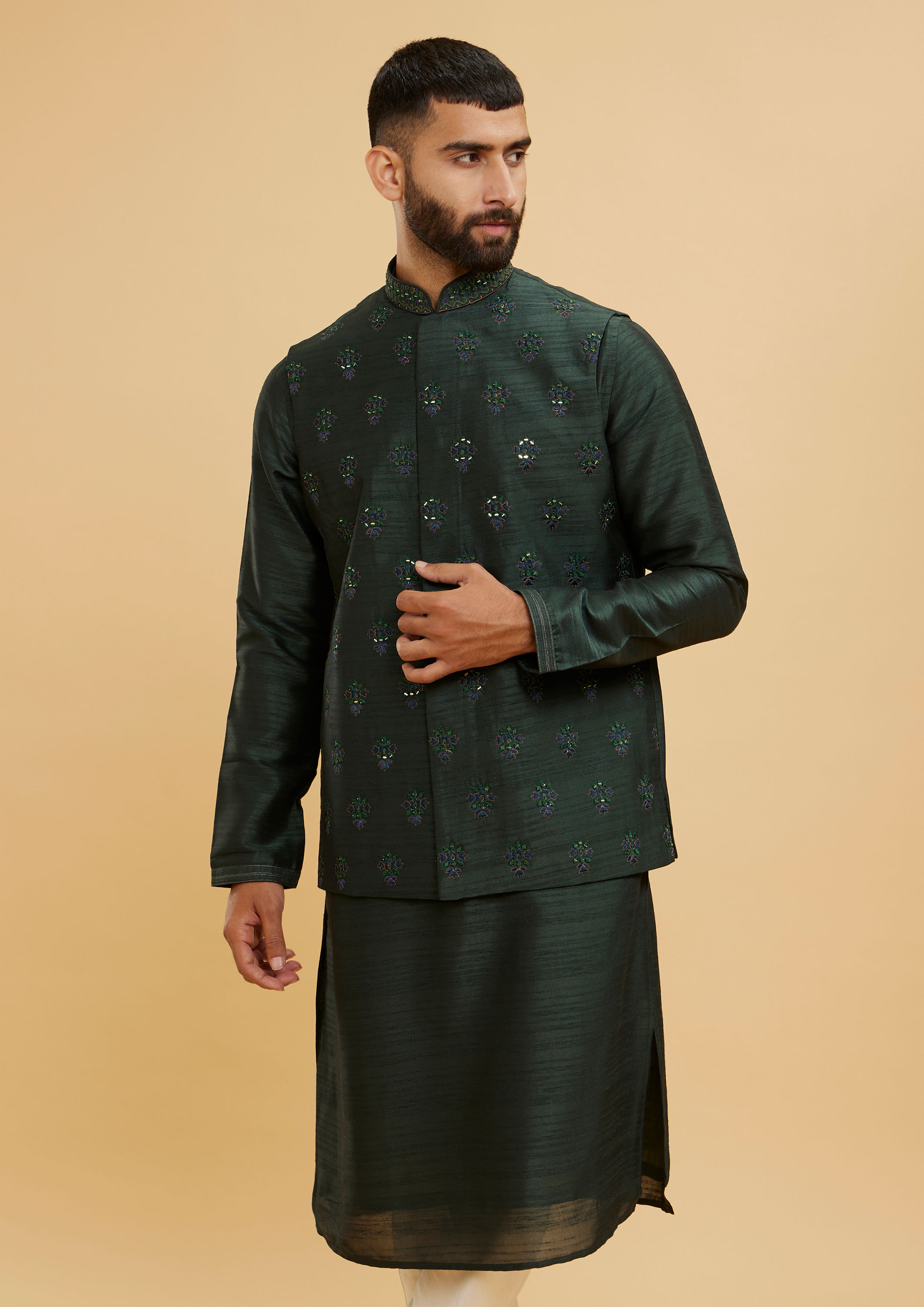Twamev Men Bottle Green Buta Embroidered Jacket Set with Sequin Work