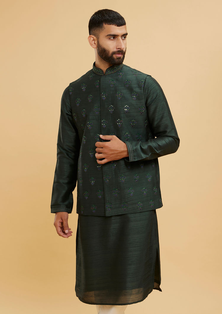 Twamev Men Bottle Green Buta Embroidered Jacket Set with Sequin Work