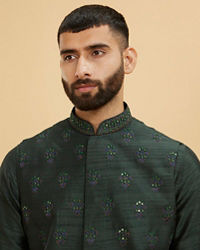 Twamev Men Bottle Green Buta Embroidered Jacket Set with Sequin Work