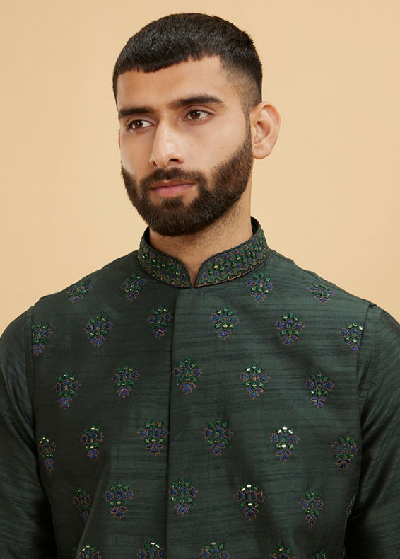 Twamev Men Bottle Green Buta Embroidered Jacket Set with Sequin Work