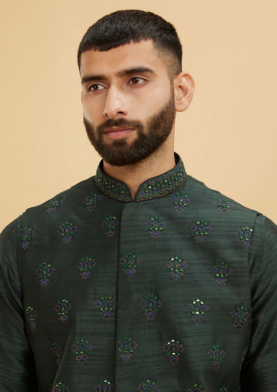 Twamev Men Bottle Green Buta Embroidered Jacket Set with Sequin Work