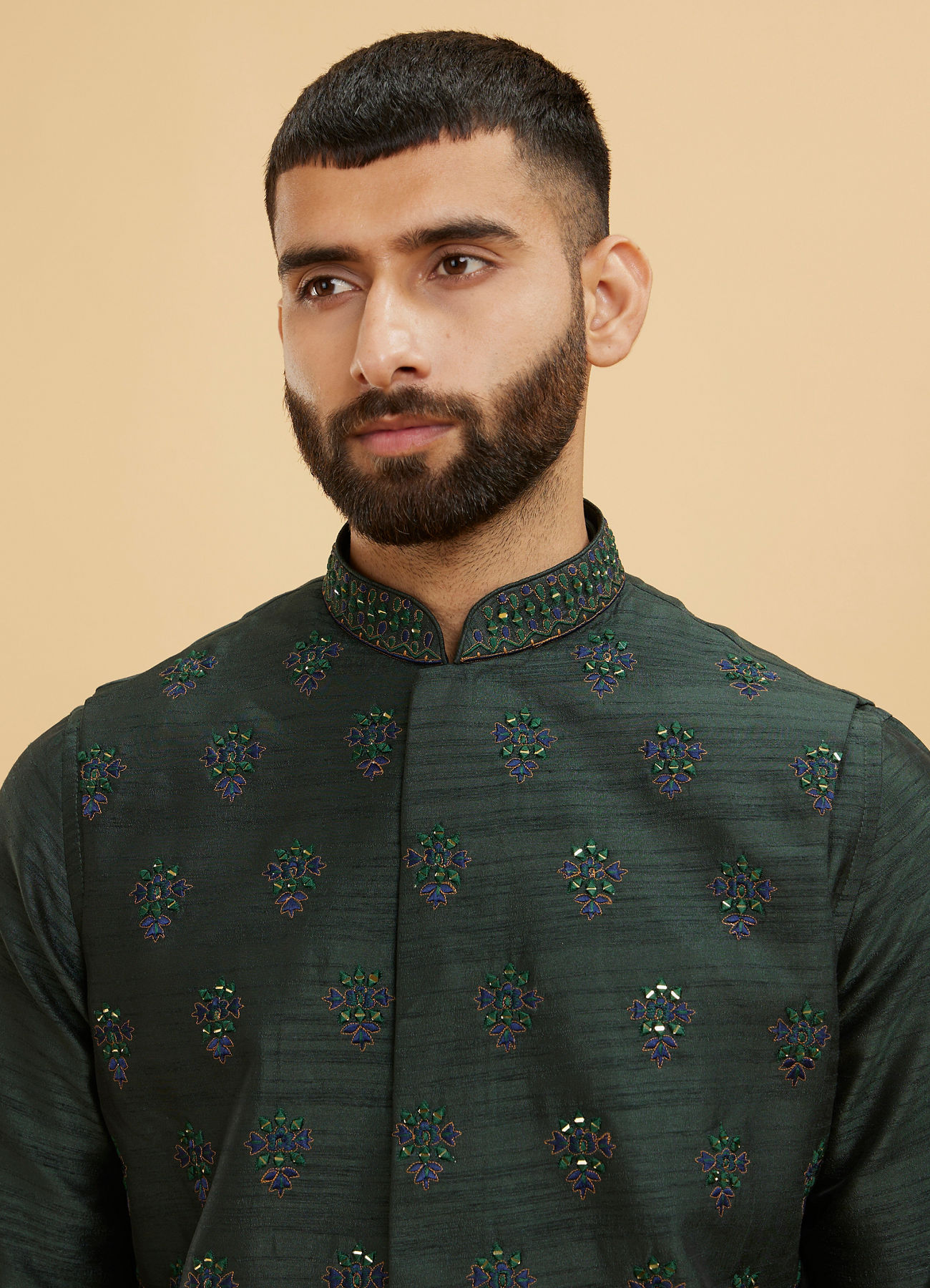 Twamev Men Bottle Green Buta Embroidered Jacket Set with Sequin Work