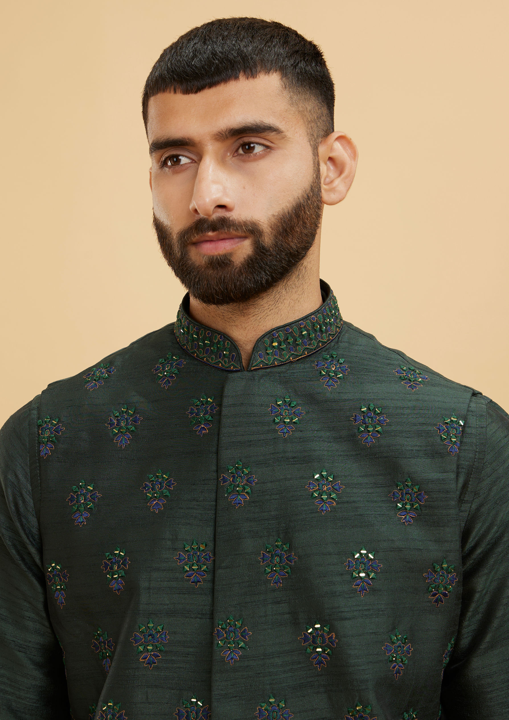 Twamev Men Bottle Green Buta Embroidered Jacket Set with Sequin Work