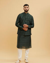 Twamev Men Bottle Green Buta Embroidered Jacket Set with Sequin Work
