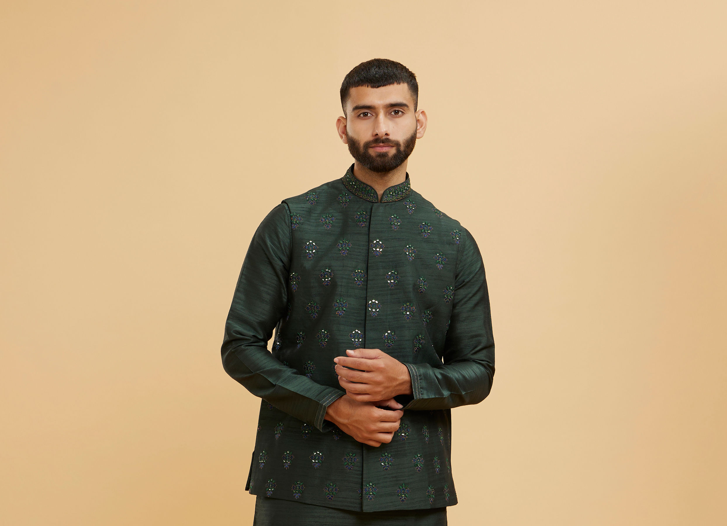 Twamev Men Bottle Green Buta Embroidered Jacket Set with Sequin Work