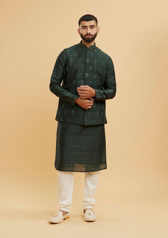 Twamev Men Bottle Green Buta Embroidered Jacket Set with Sequin Work