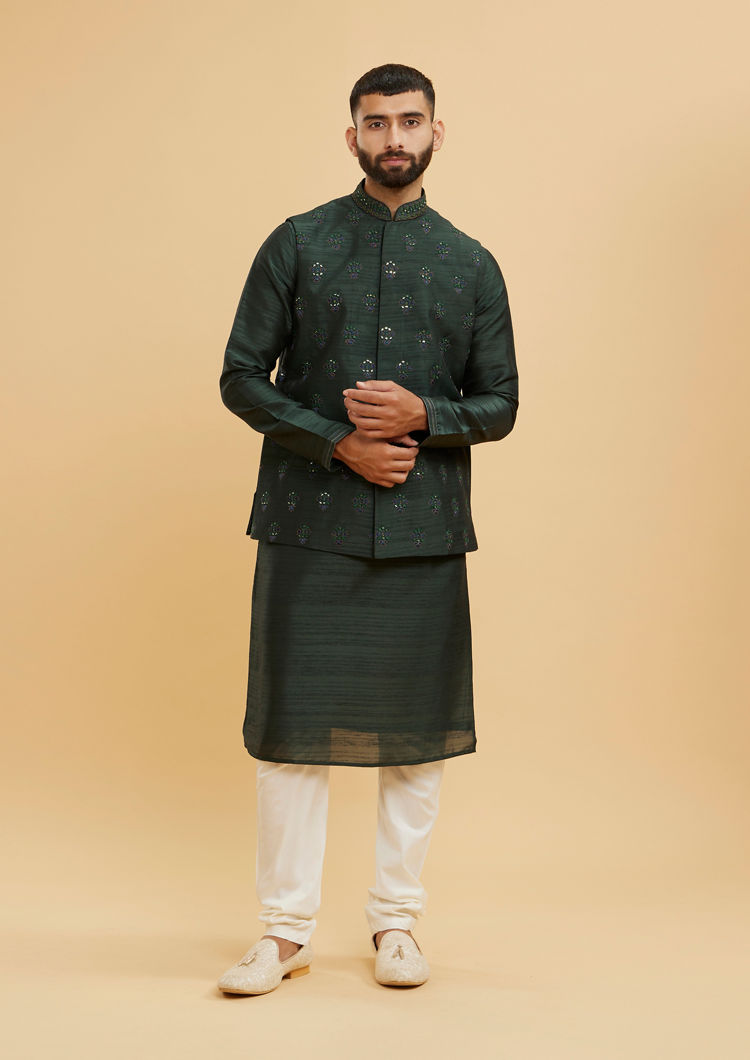 Twamev Men Bottle Green Buta Embroidered Jacket Set with Sequin Work