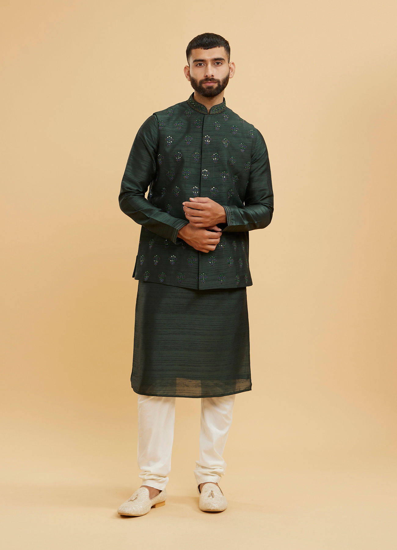 Twamev Men Bottle Green Buta Embroidered Jacket Set with Sequin Work
