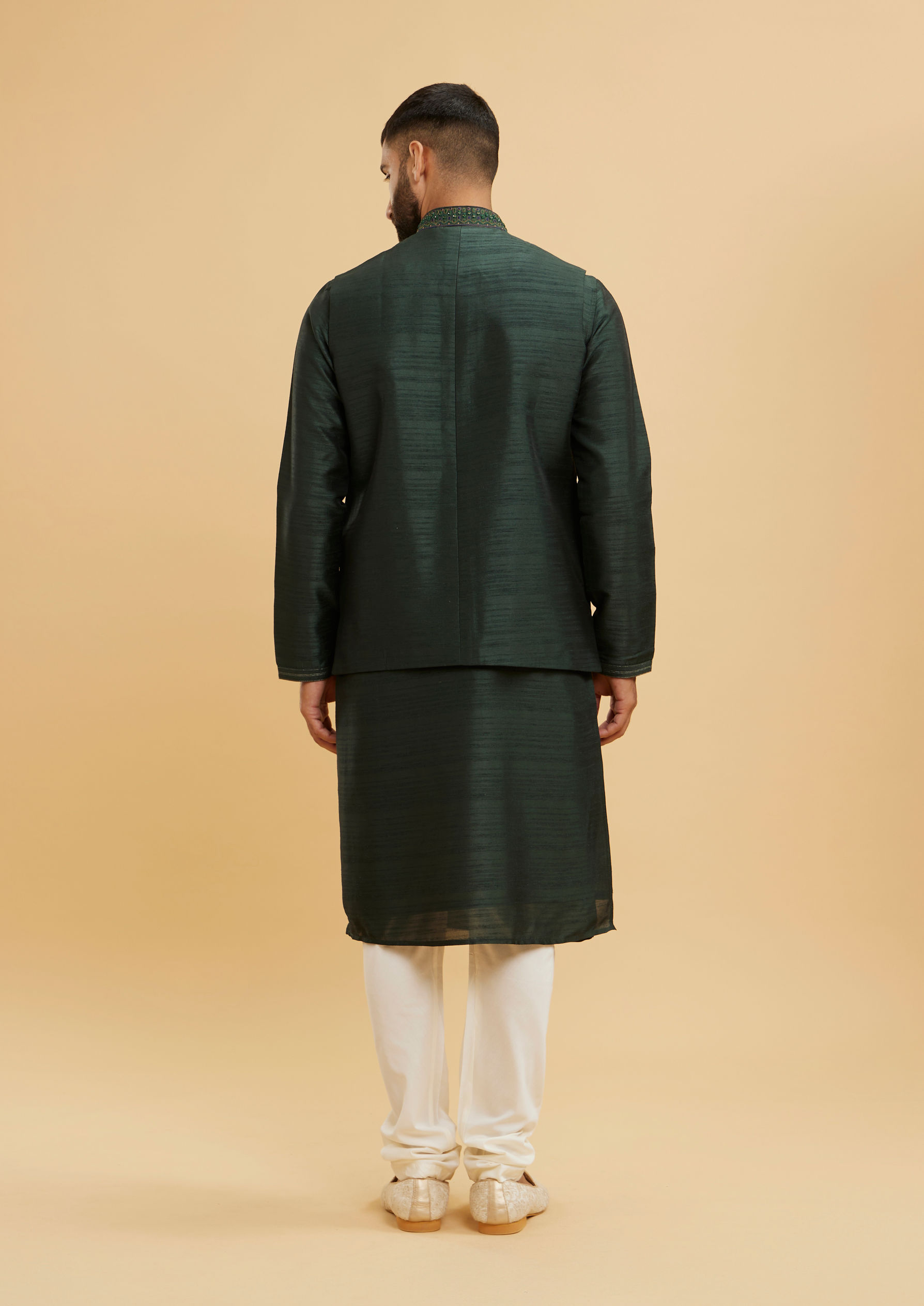Twamev Men Bottle Green Buta Embroidered Jacket Set with Sequin Work