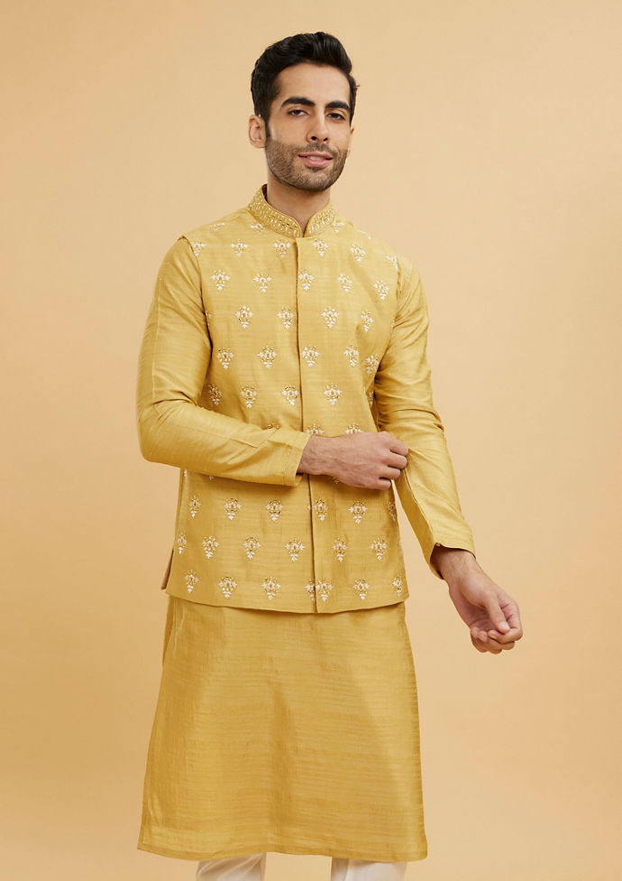 Twamev Men Mustard Yellow Buta Embroidered Jacket Set with Sequin Work