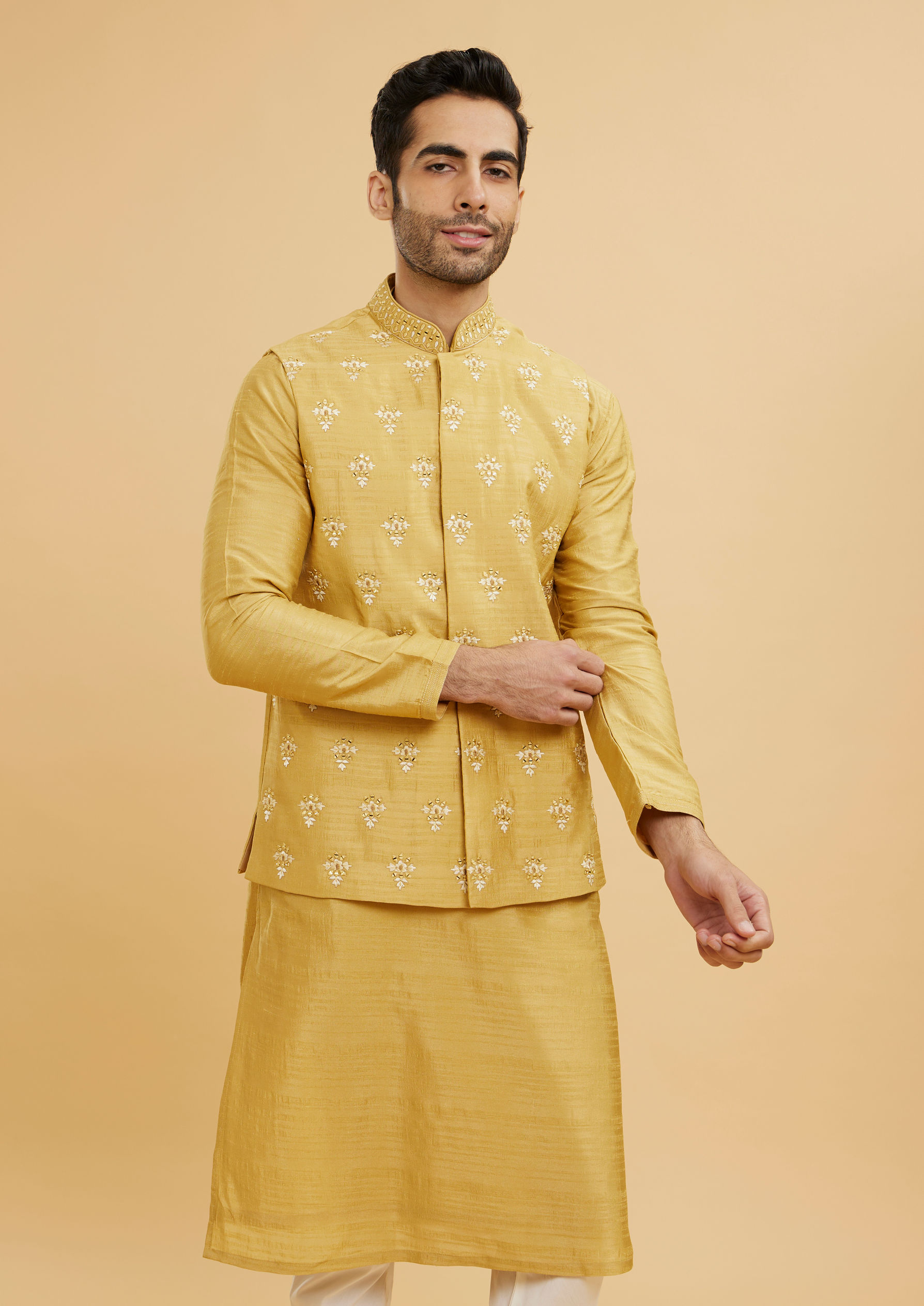 Twamev Men Mustard Yellow Buta Embroidered Jacket Set with Sequin Work