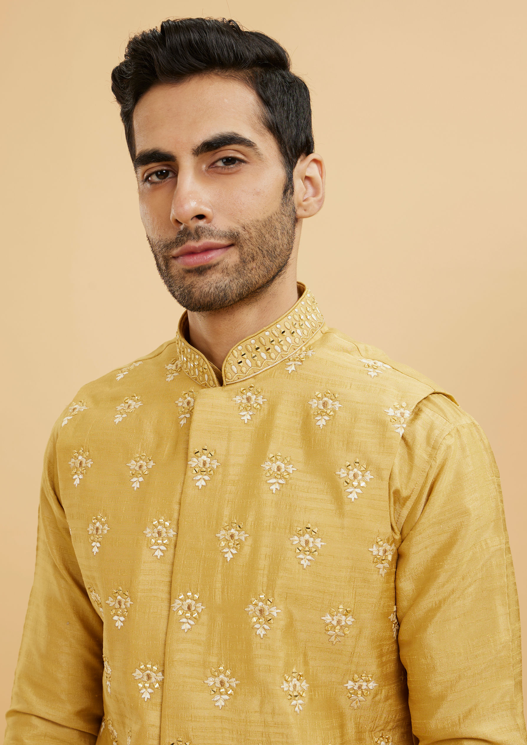 Twamev Men Mustard Yellow Buta Embroidered Jacket Set with Sequin Work