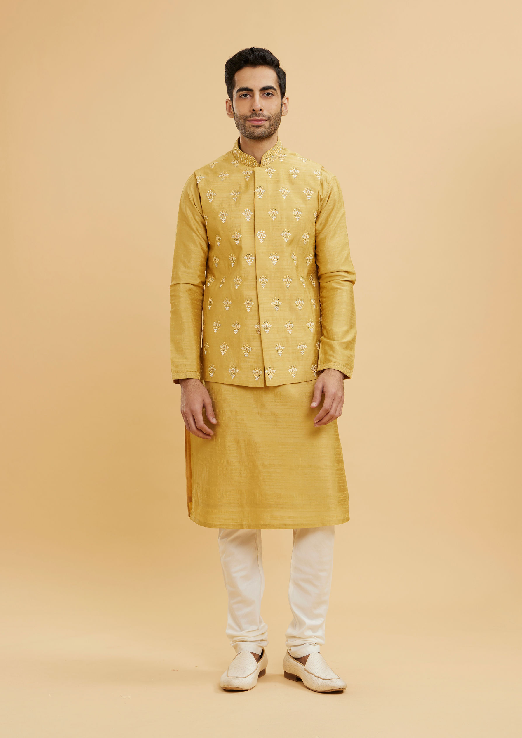 Twamev Men Mustard Yellow Buta Embroidered Jacket Set with Sequin Work