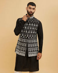 Twamev Men Midnight Black Embroidered Jacket Set with Mirror Work