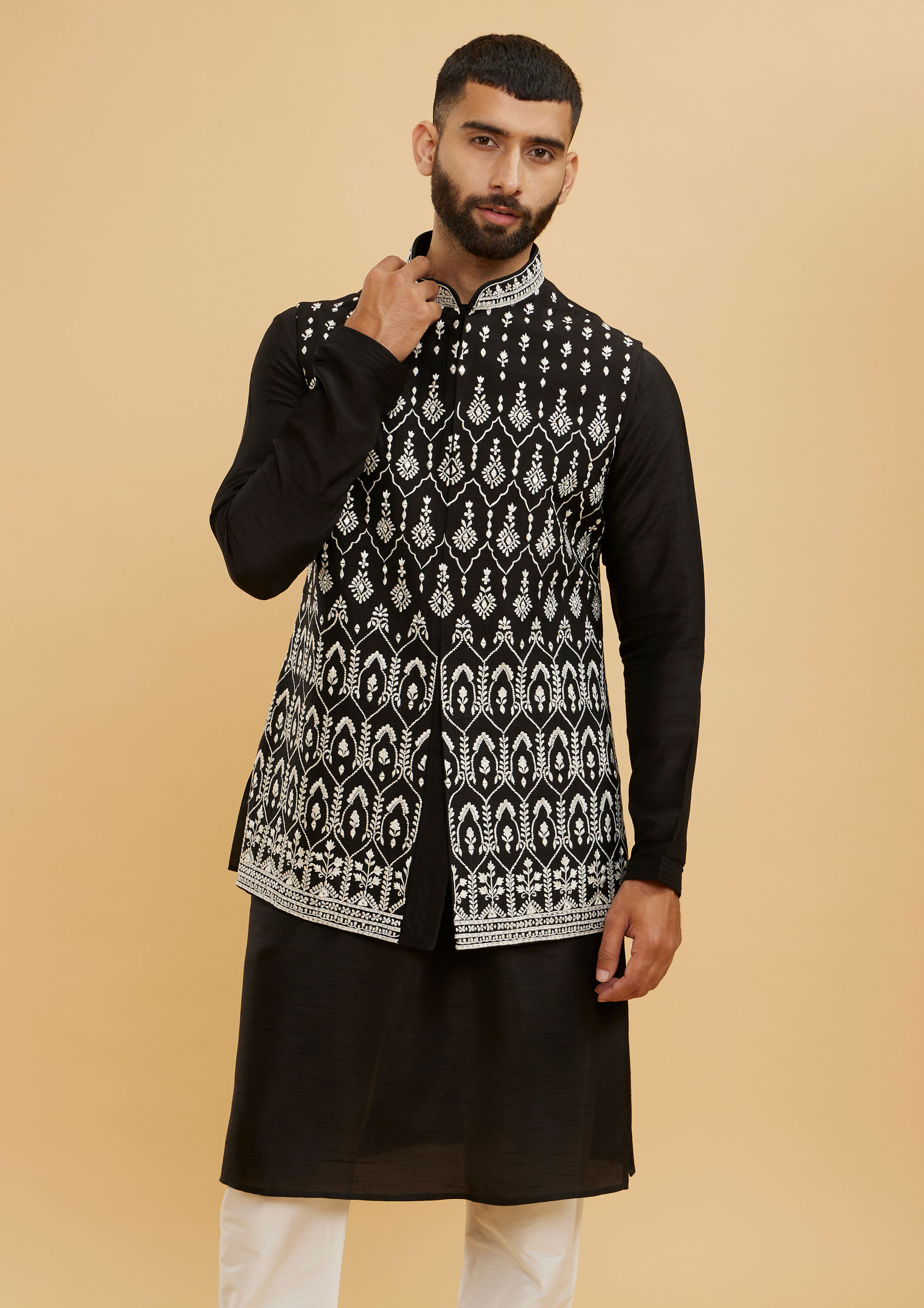 Twamev Men Midnight Black Embroidered Jacket Set with Mirror Work