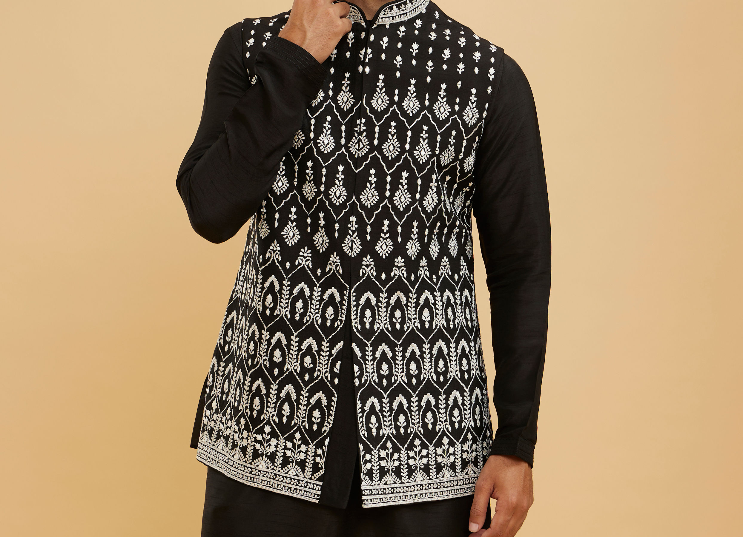 Twamev Men Midnight Black Embroidered Jacket Set with Mirror Work