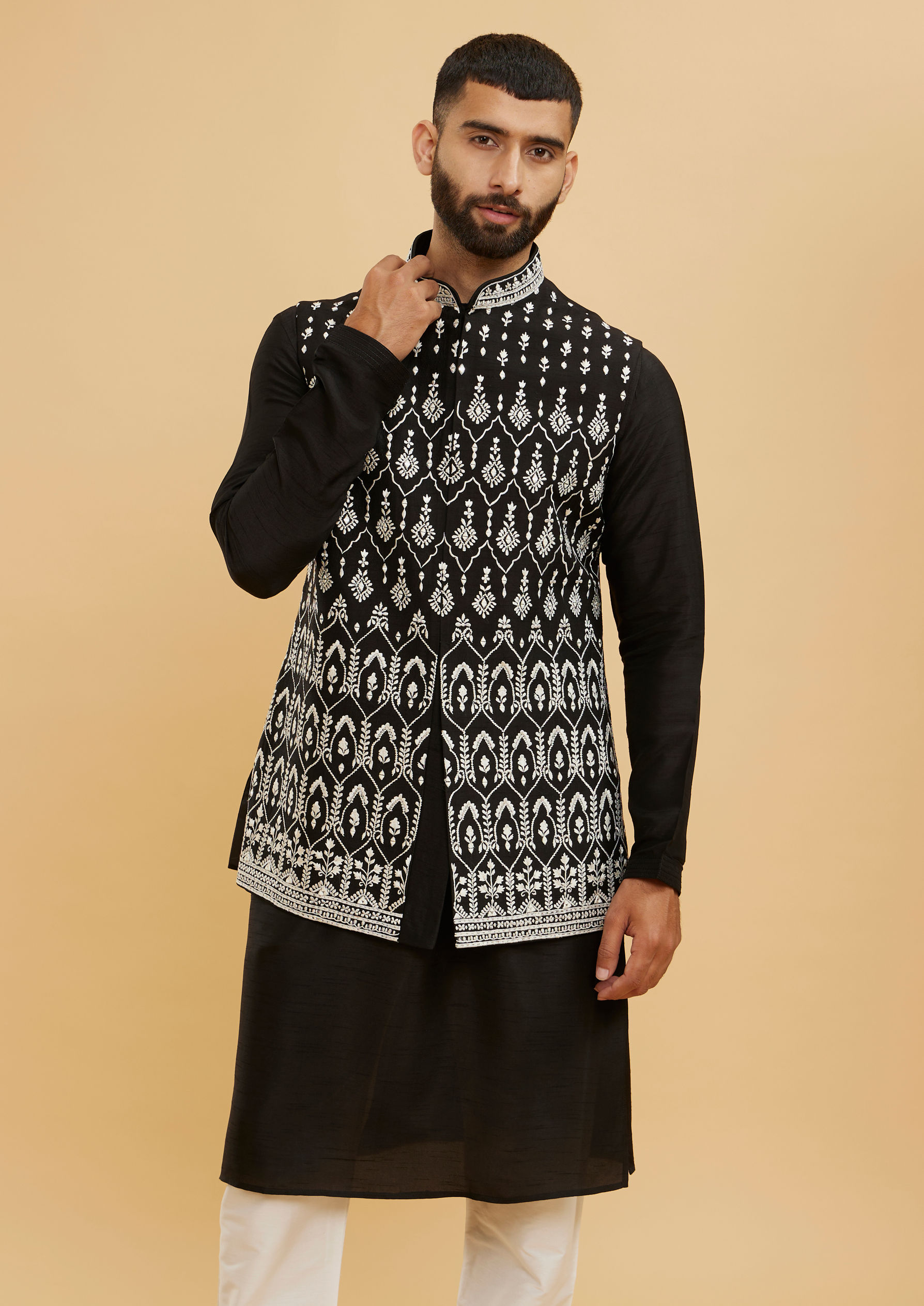 Twamev Men Midnight Black Embroidered Jacket Set with Mirror Work