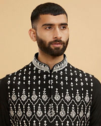 Twamev Men Midnight Black Embroidered Jacket Set with Mirror Work