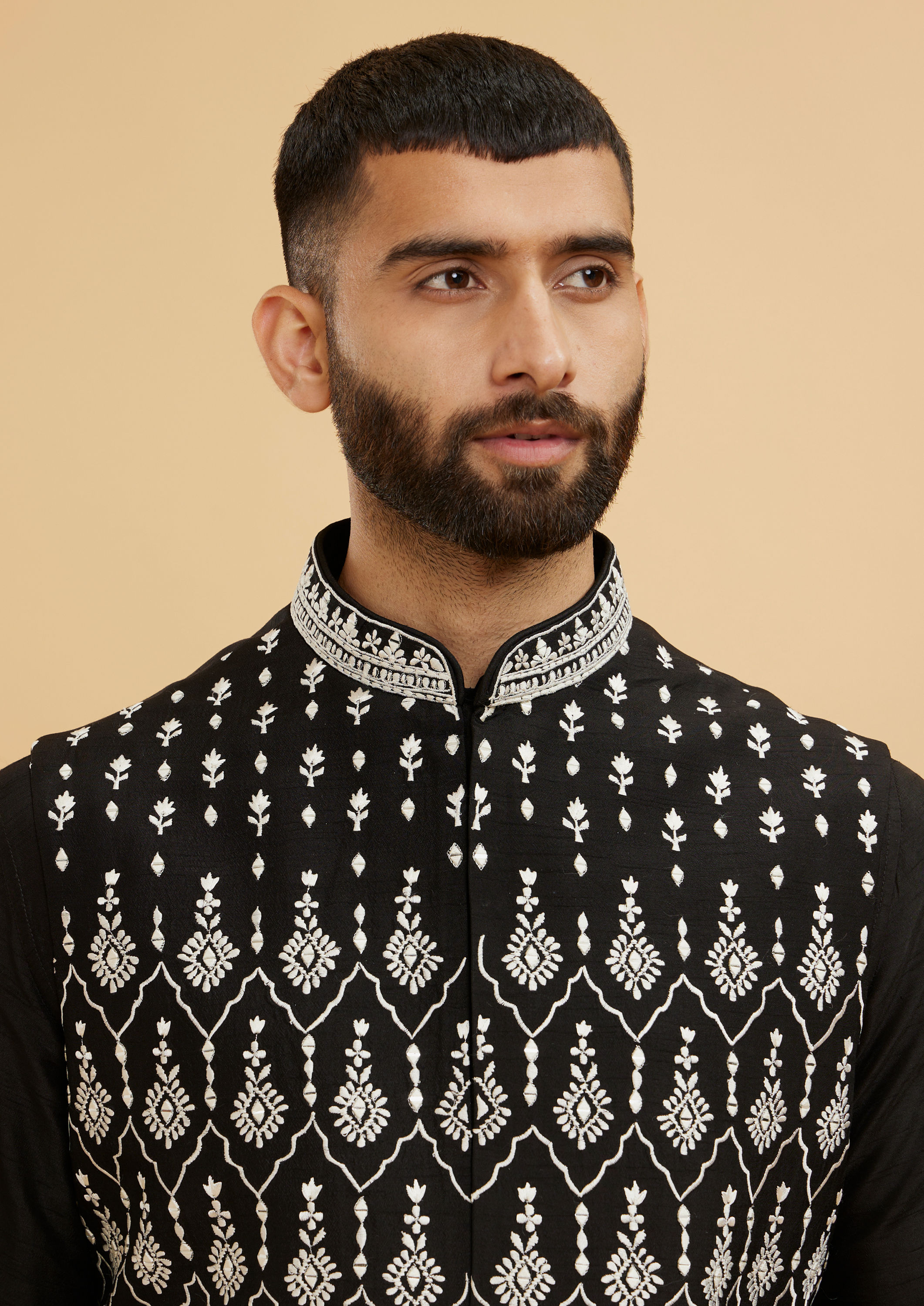 Twamev Men Midnight Black Embroidered Jacket Set with Mirror Work