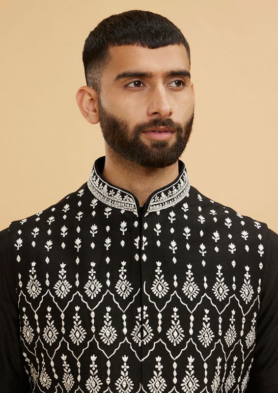 Twamev Men Midnight Black Embroidered Jacket Set with Mirror Work