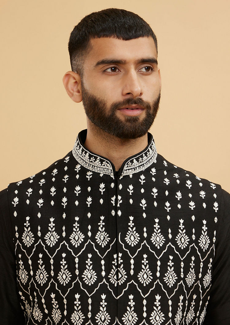 Twamev Men Midnight Black Embroidered Jacket Set with Mirror Work