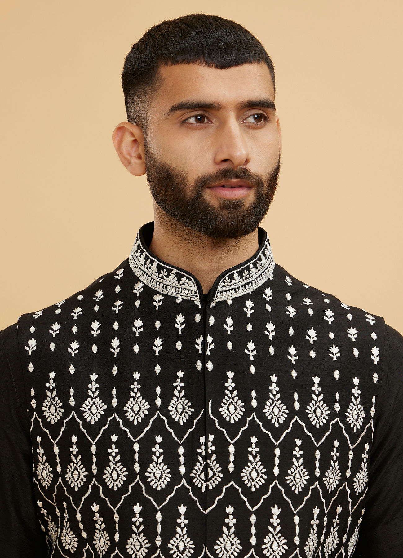 Twamev Men Midnight Black Embroidered Jacket Set with Mirror Work