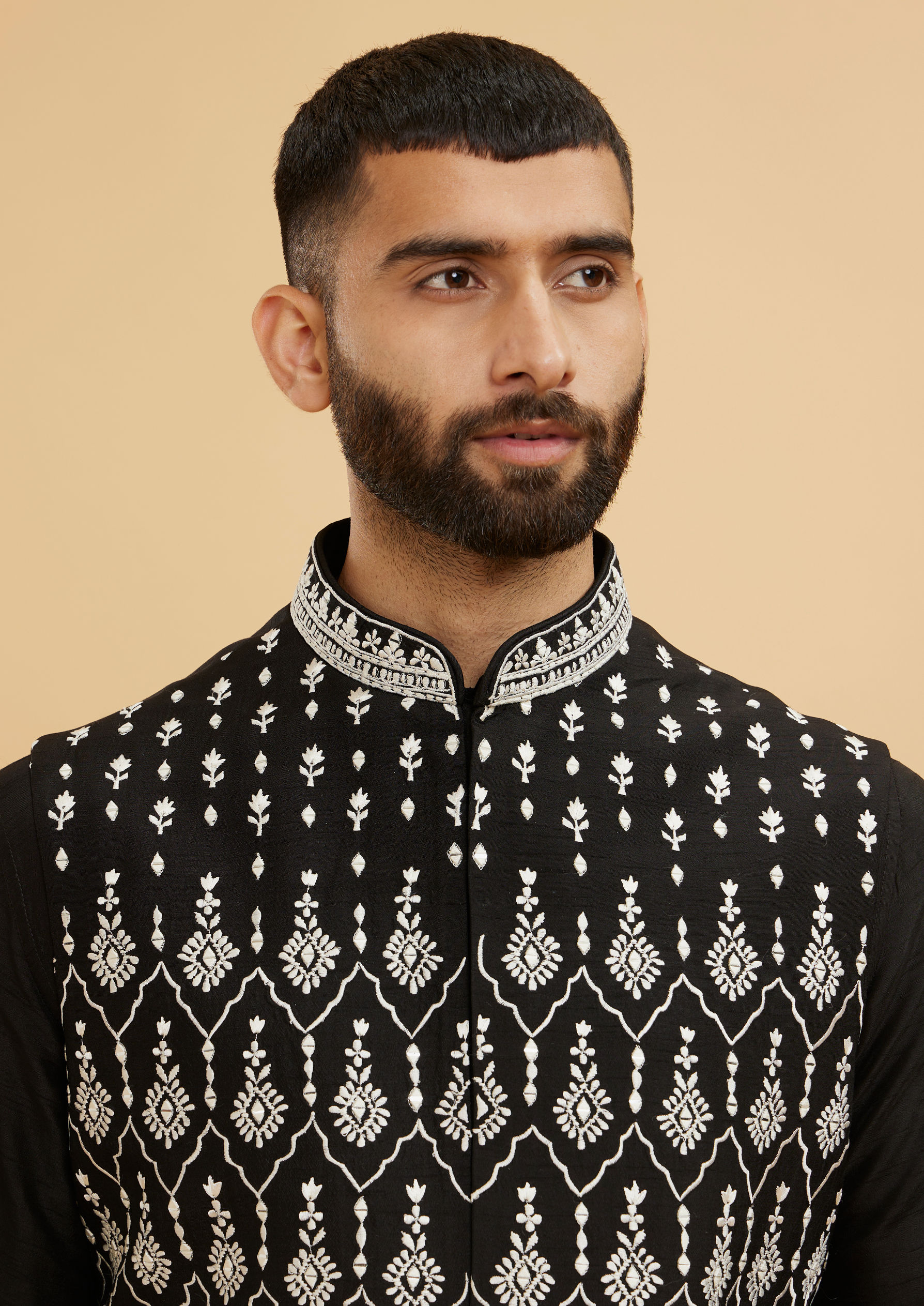 Twamev Men Midnight Black Embroidered Jacket Set with Mirror Work