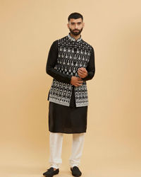 Twamev Men Midnight Black Embroidered Jacket Set with Mirror Work