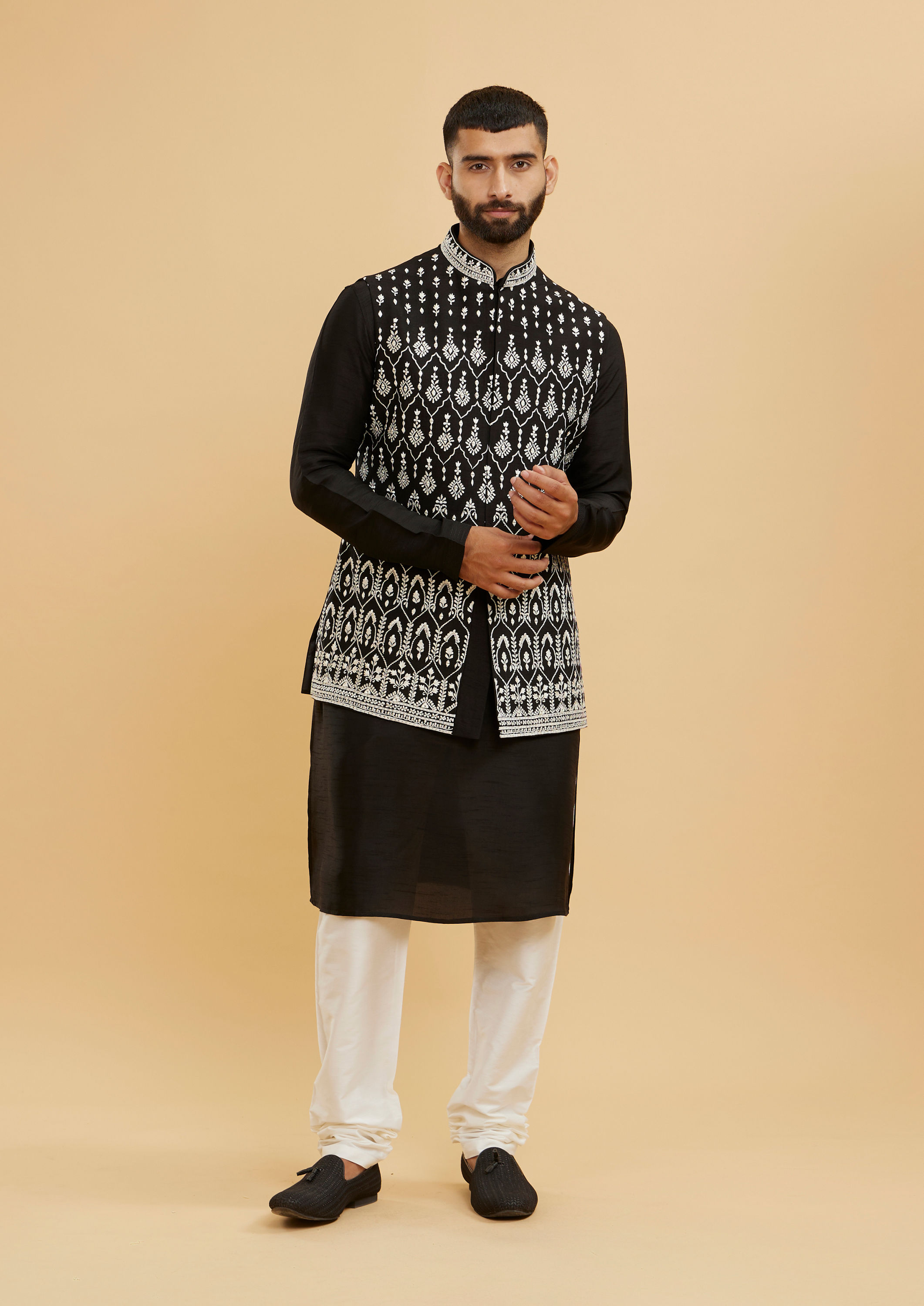 Twamev Men Midnight Black Embroidered Jacket Set with Mirror Work