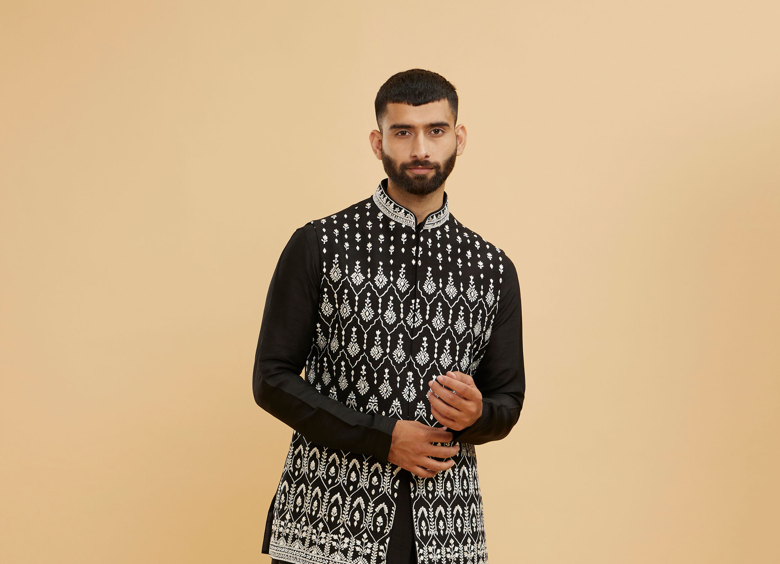 Twamev Men Midnight Black Embroidered Jacket Set with Mirror Work