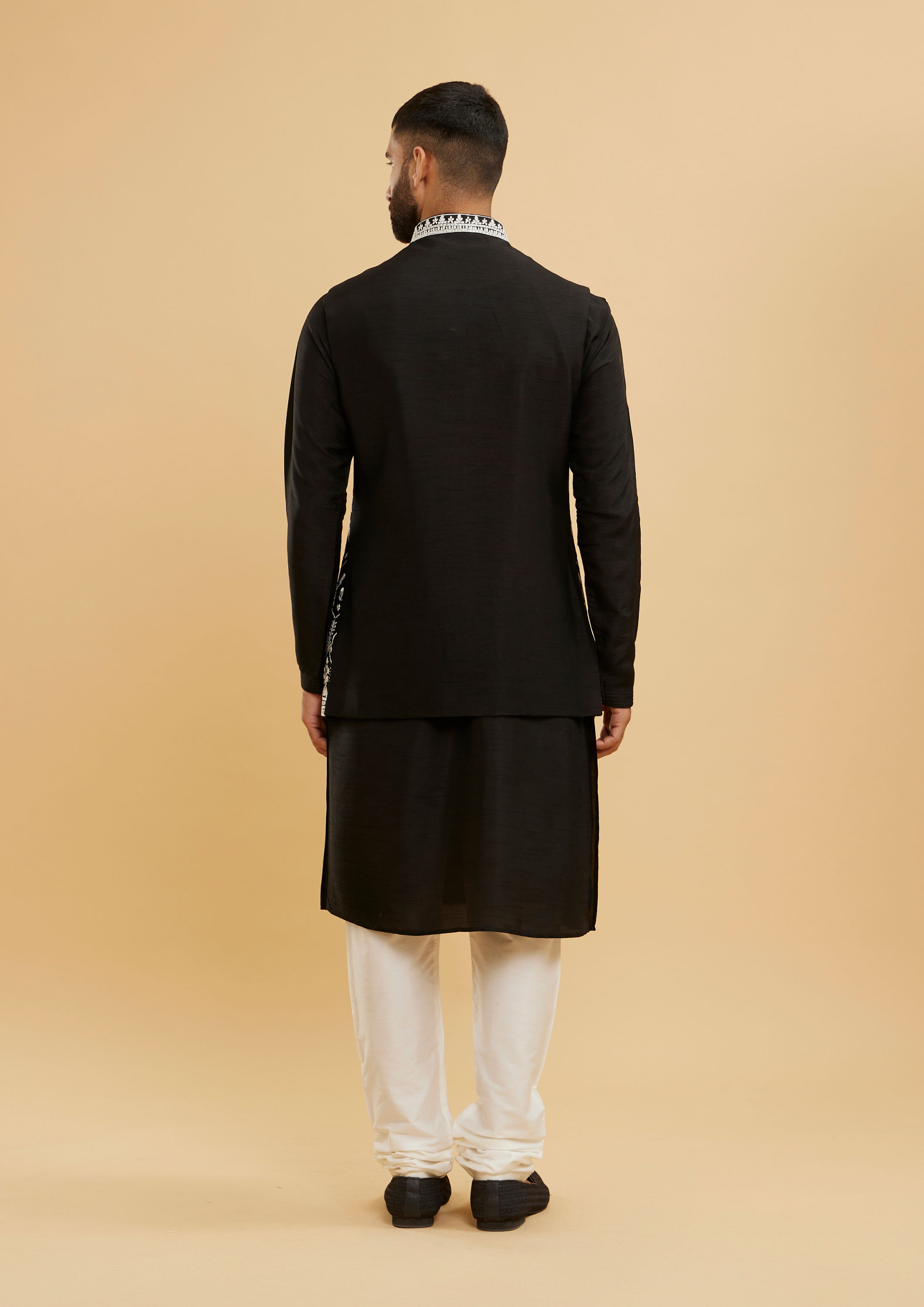 Twamev Men Midnight Black Embroidered Jacket Set with Mirror Work