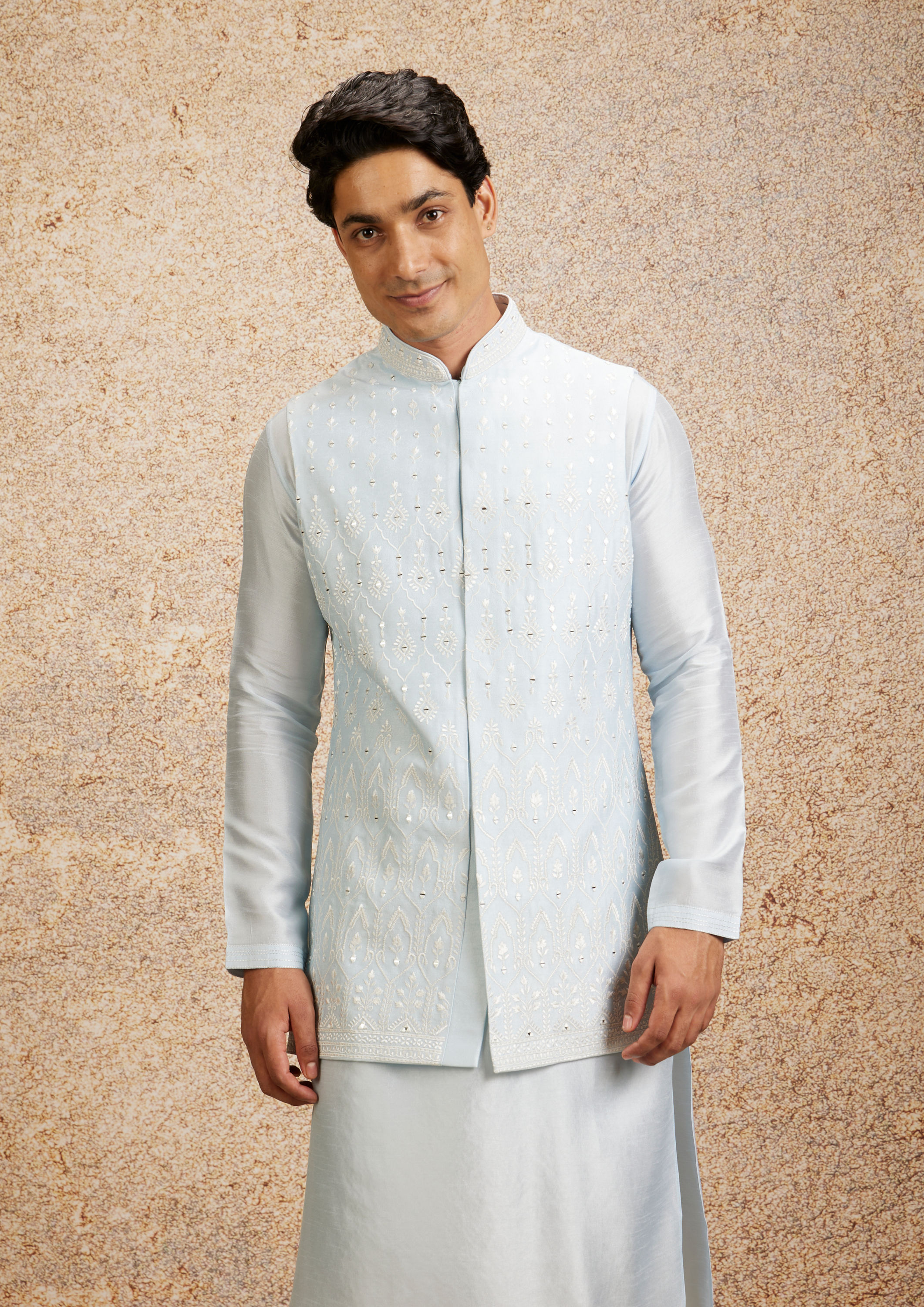 Twamev Men Glistening Light Blue Kurta Jacket Set