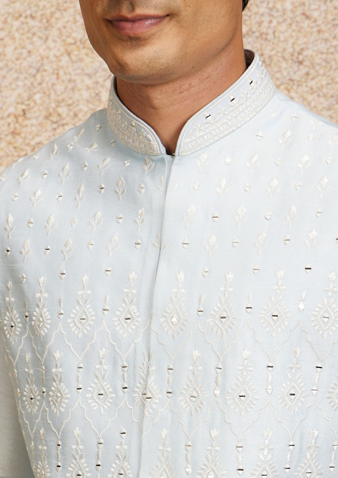 Twamev Men Glistening Light Blue Kurta Jacket Set