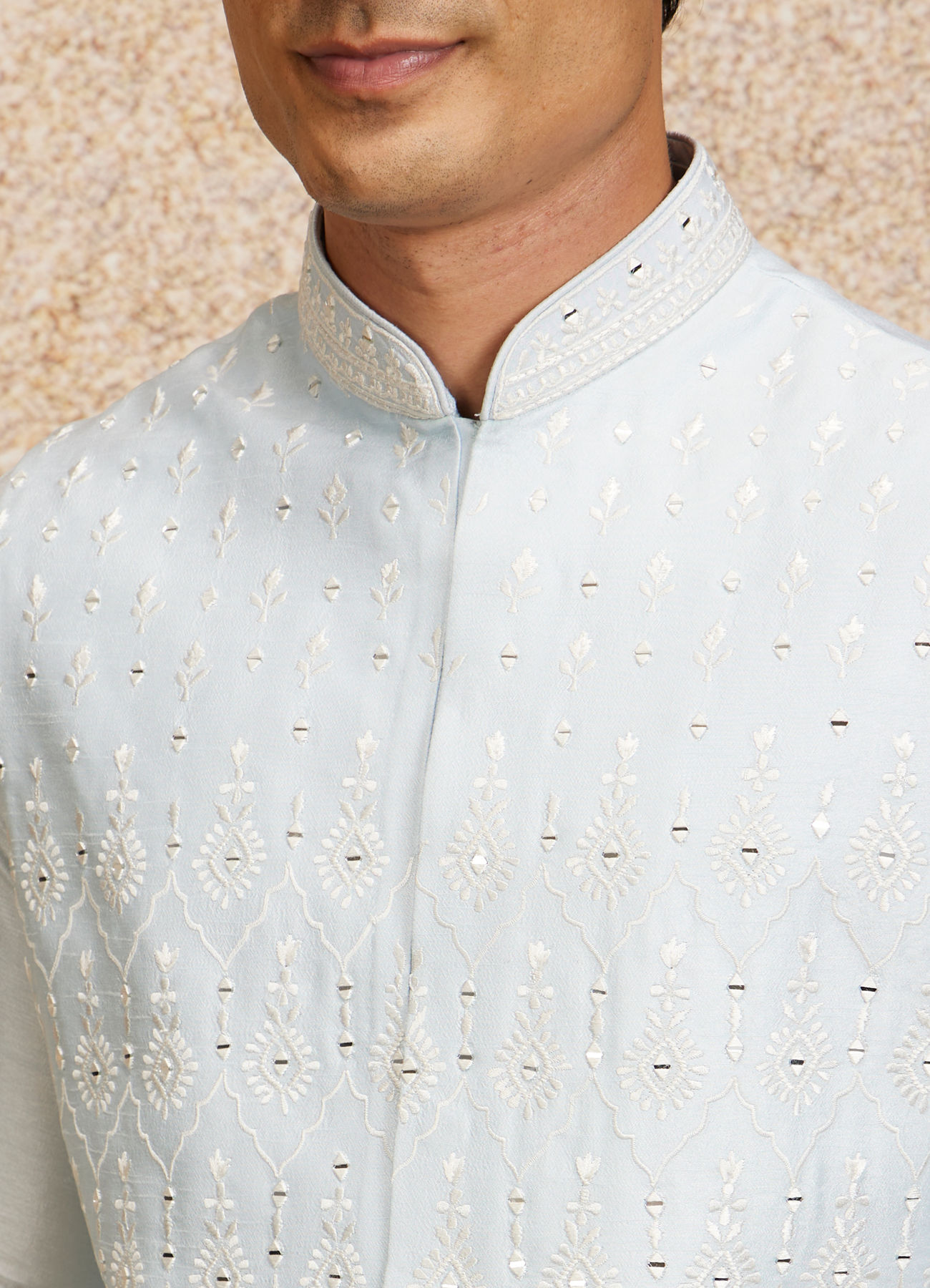 Twamev Men Glistening Light Blue Kurta Jacket Set