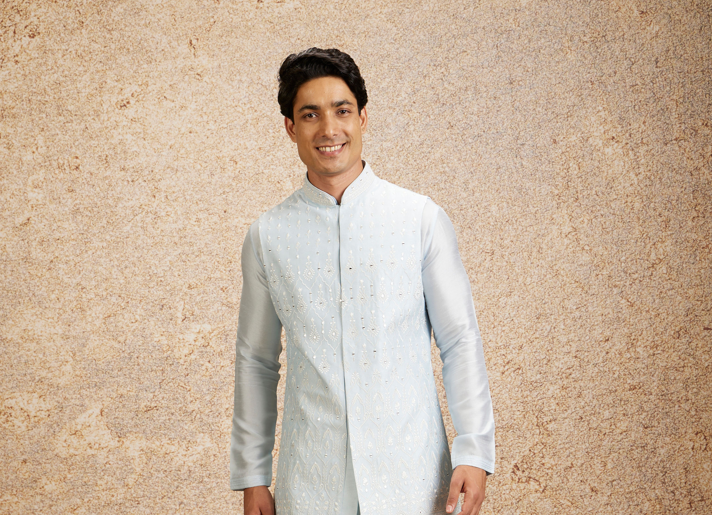 Twamev Men Glistening Light Blue Kurta Jacket Set