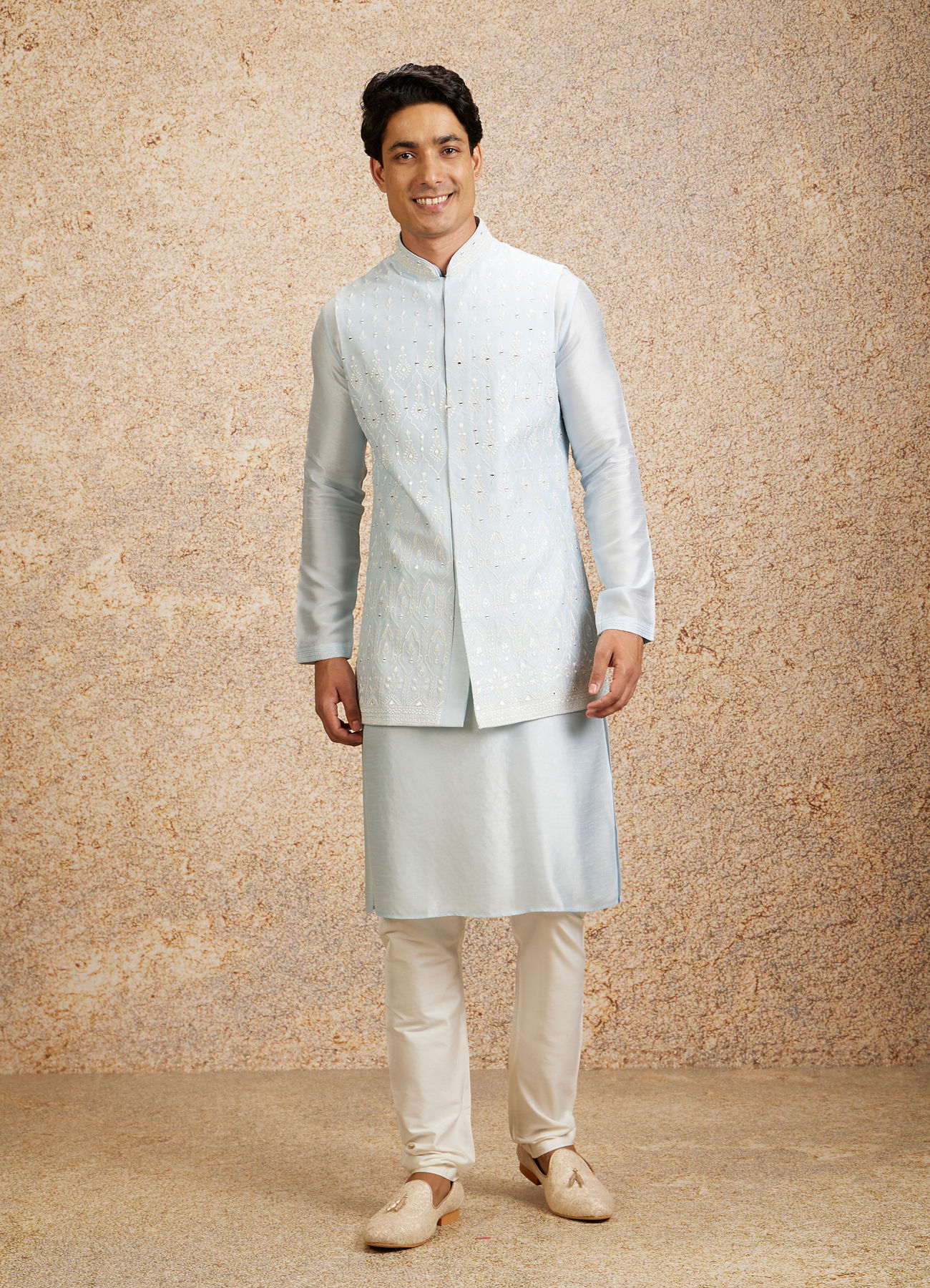 Twamev Men Glistening Light Blue Kurta Jacket Set