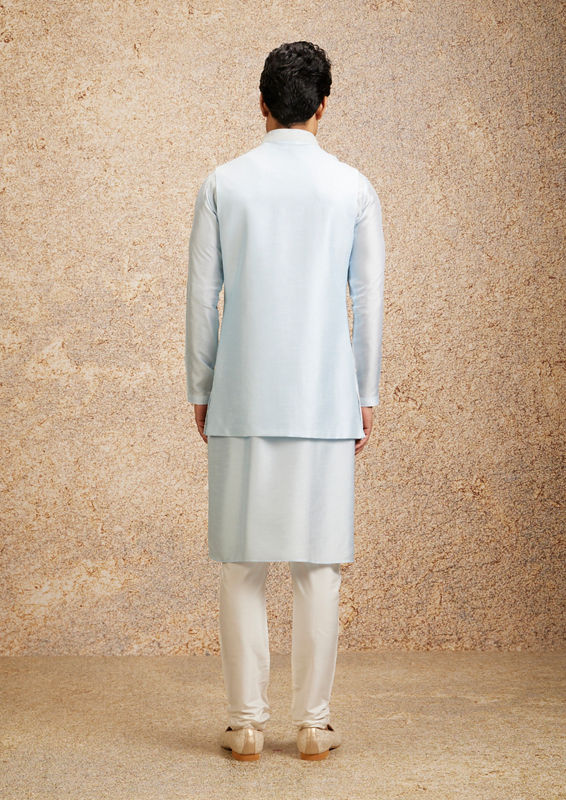 Twamev Men Glistening Light Blue Kurta Jacket Set